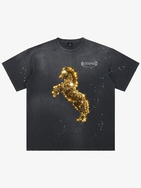 Supermade  VINTAGE WASH GLITTER HORSE PATTERN SPLASH INK T-SHIRT - L